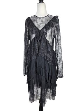 Twin-Set Black Lace and Silk Long Sleeve Tiered Ruffle Dress w/ keyhole back